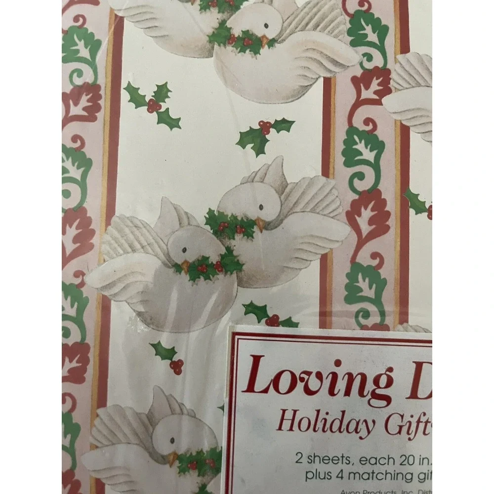 VTG Avon Holiday Wrapping Paper. Loving Doves! Holly & 4 Gift Tags! NOS